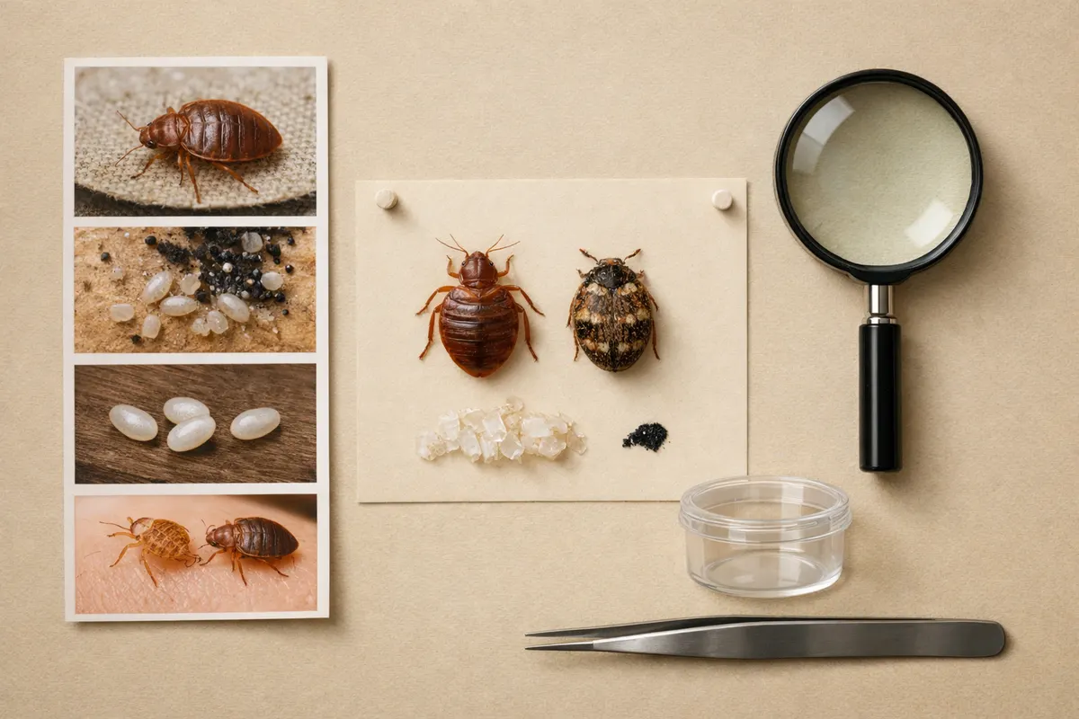 Bug Identifier educational checklist showing visual bug clues, lookalike warning labels, and verification steps