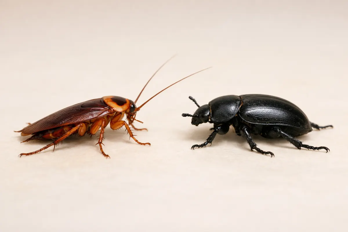 Editorial checklist image for cockroach vs beetle showing visible clues and comparison notes.