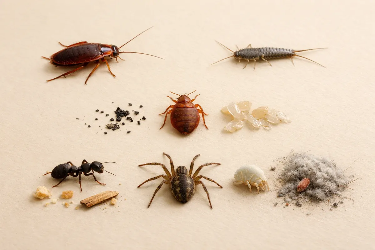 Editorial checklist image for common household bugs showing visible clues and comparison notes.