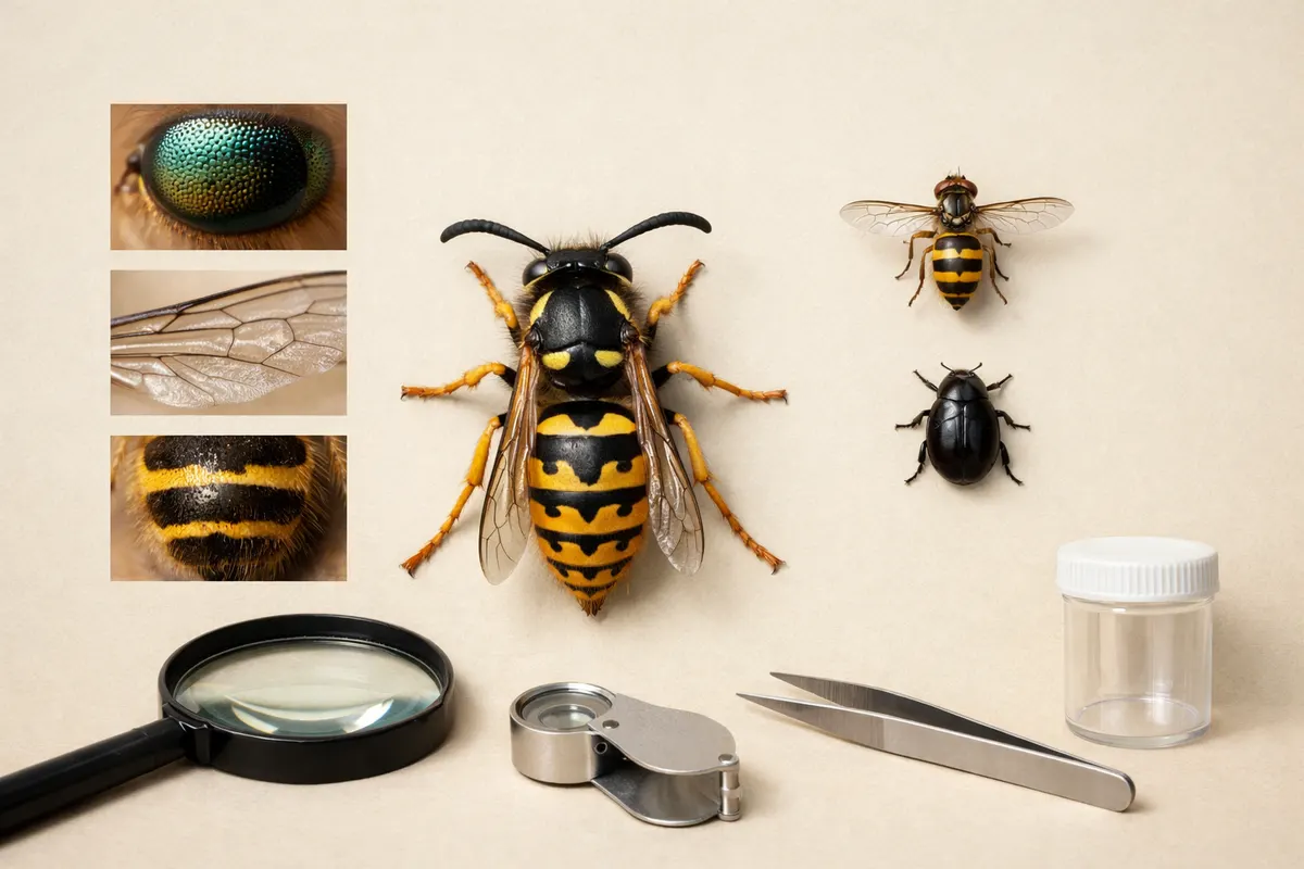 Bug Identifier educational checklist showing visual insect clues, lookalike warning labels, and verification steps