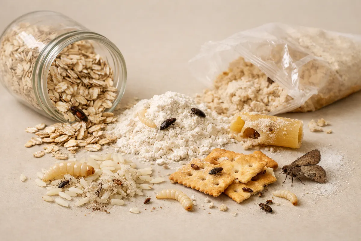 Editorial checklist image for pantry bugs showing visible clues and comparison notes.