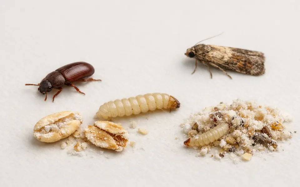 Close-up visual clues that help distinguish pantry bugs