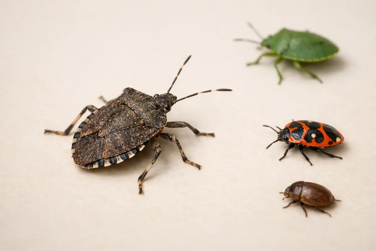 Editorial checklist image for stink bug identification showing visible clues and comparison notes.