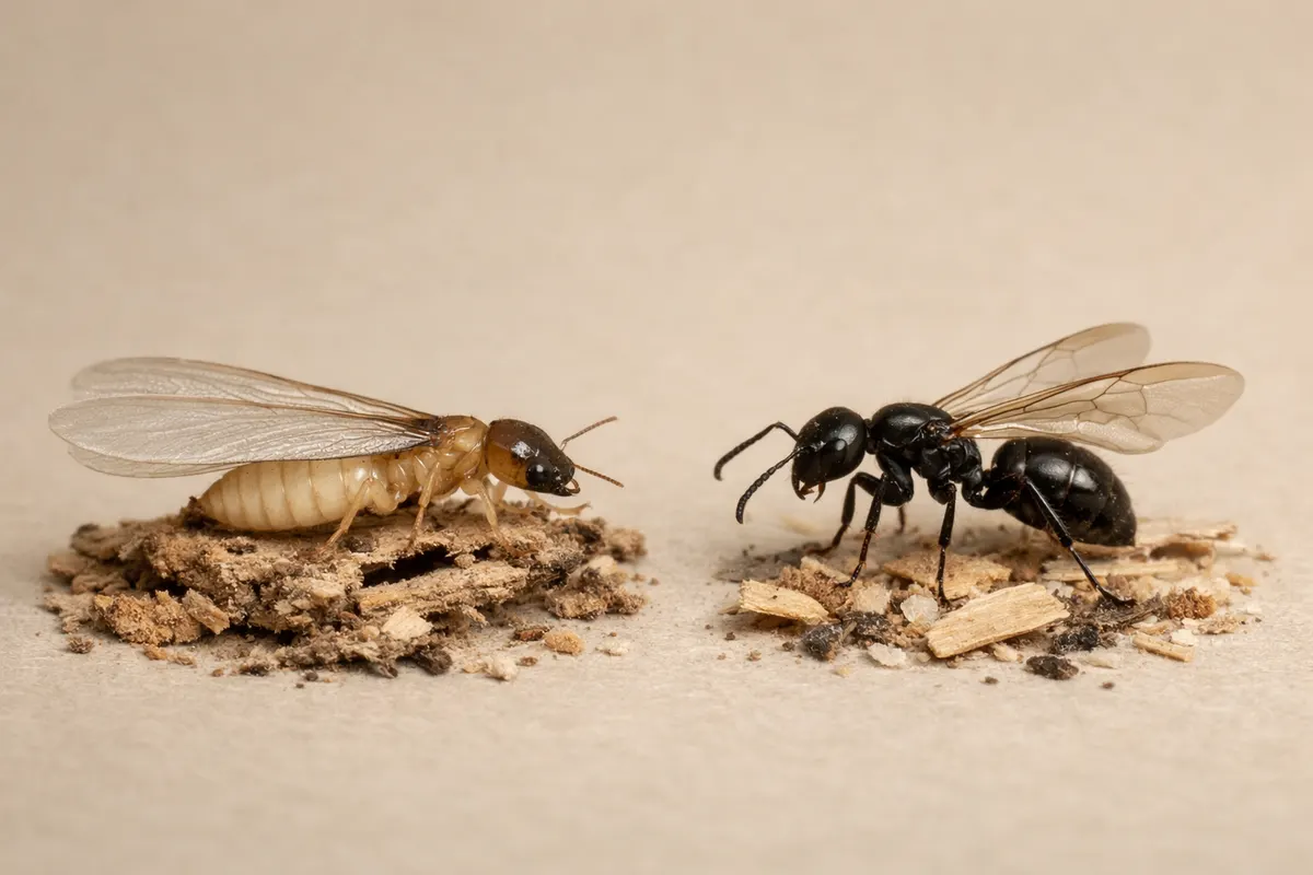 Editorial checklist image for termite vs ant showing visible clues and comparison notes.