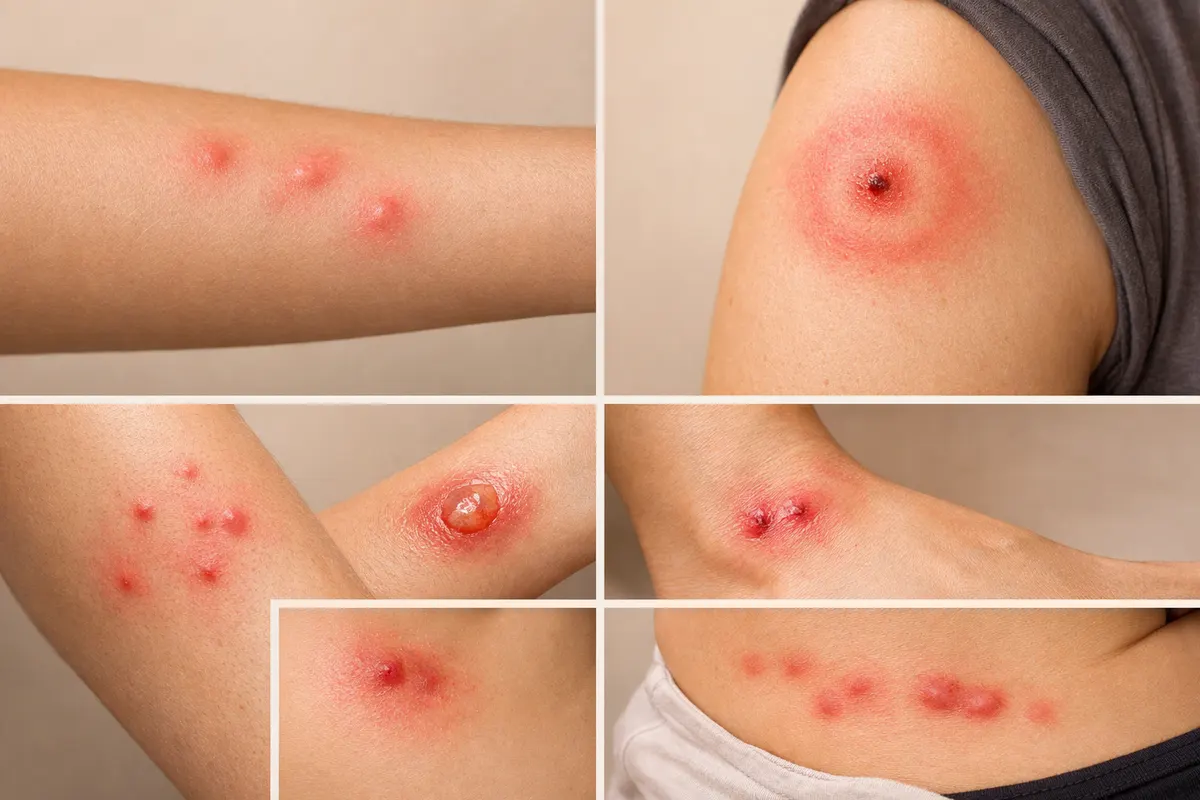 Editorial visual checklist for bug bite identification with grouped clues and example details.